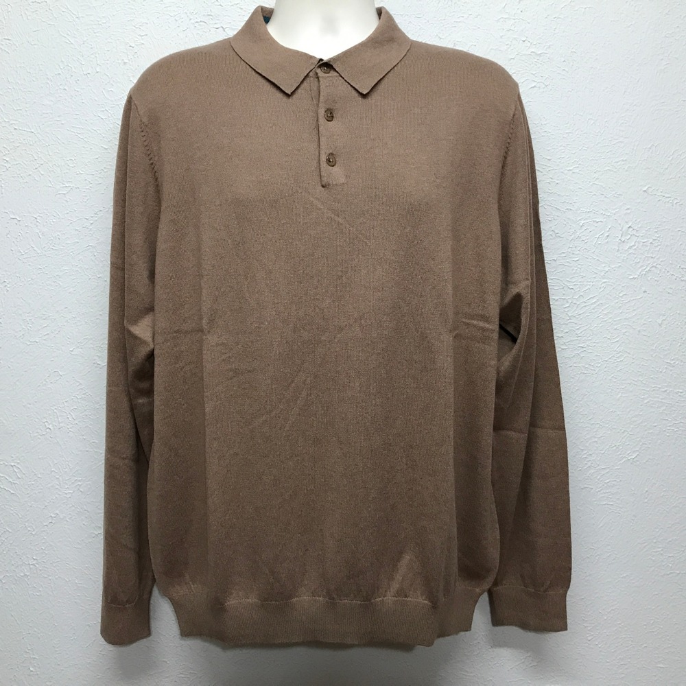 Paul Fredrick Sweater Polo Mens XL Camel Brown Silk Cotton Cashmere KMS203L